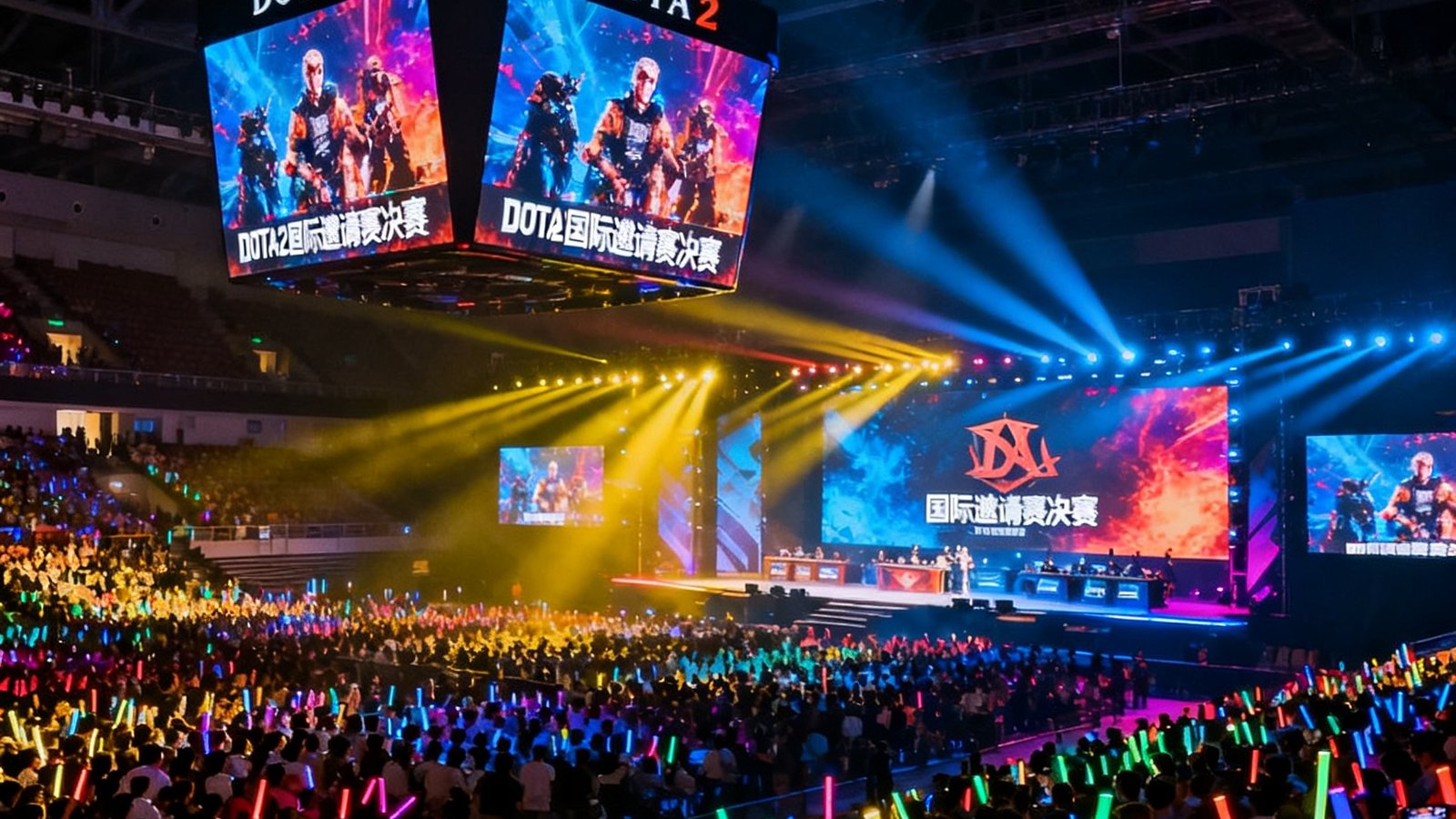 大型电竞场馆内数万名观众挥舞彩色荧光棒，巨型LED屏幕实时播放DOTA2国际邀请赛决赛画面，舞台灯光璀璨照亮整个场馆