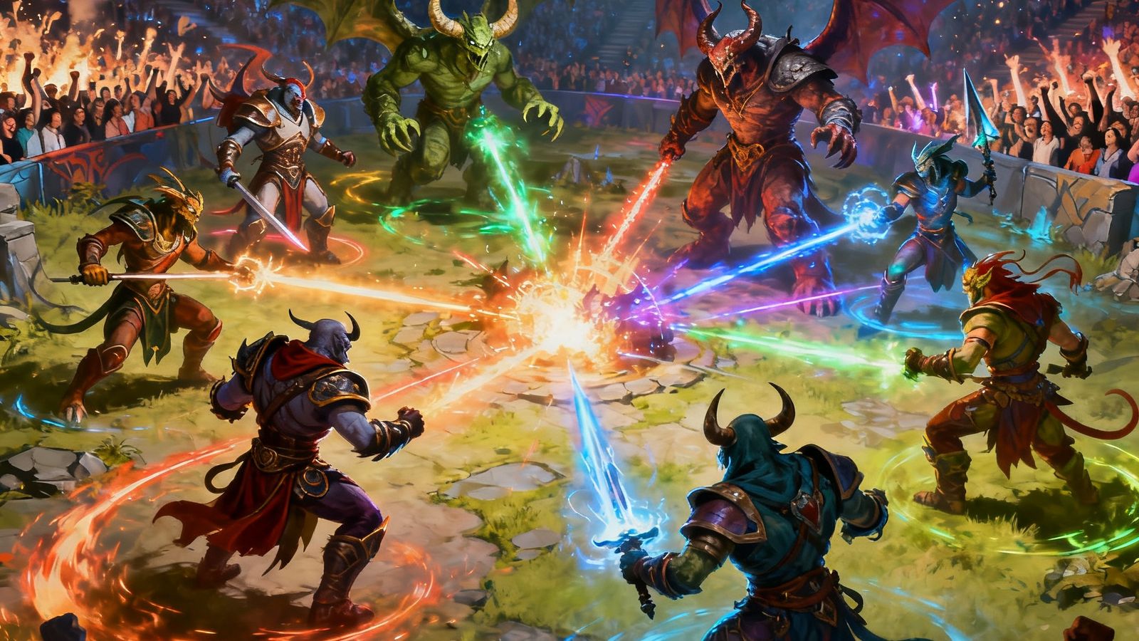 DOTA2国际邀请赛总决赛中十位英雄在夜魇高地展开激烈团战，技能特效炫目交织，观众席爆发出震耳欲聋的欢呼声