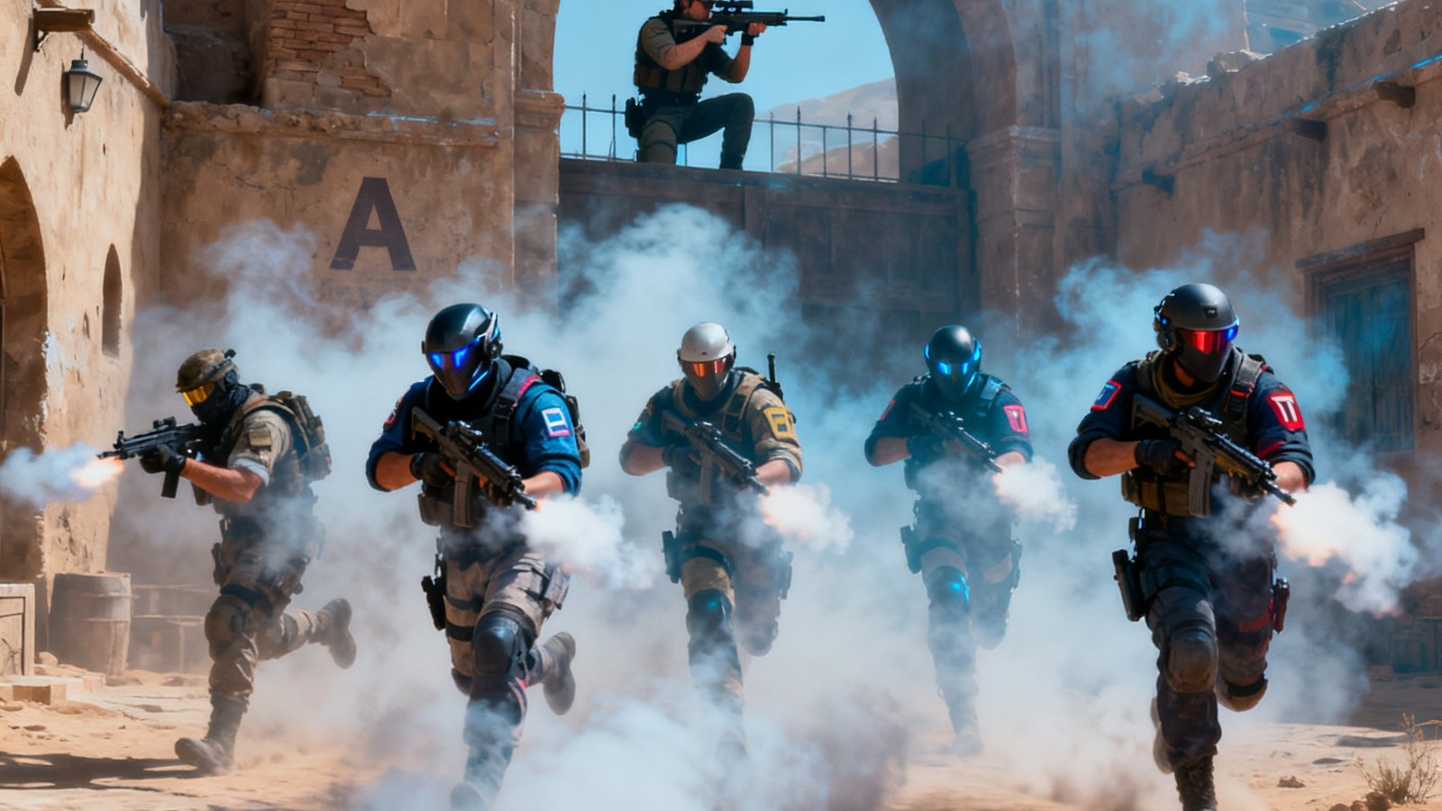 CSGO Major锦标赛半决赛在荒漠迷城地图上展开，T方五人在A点烟雾弹掩护下同步突进，CT方狙击手在拱门位置严阵以待
