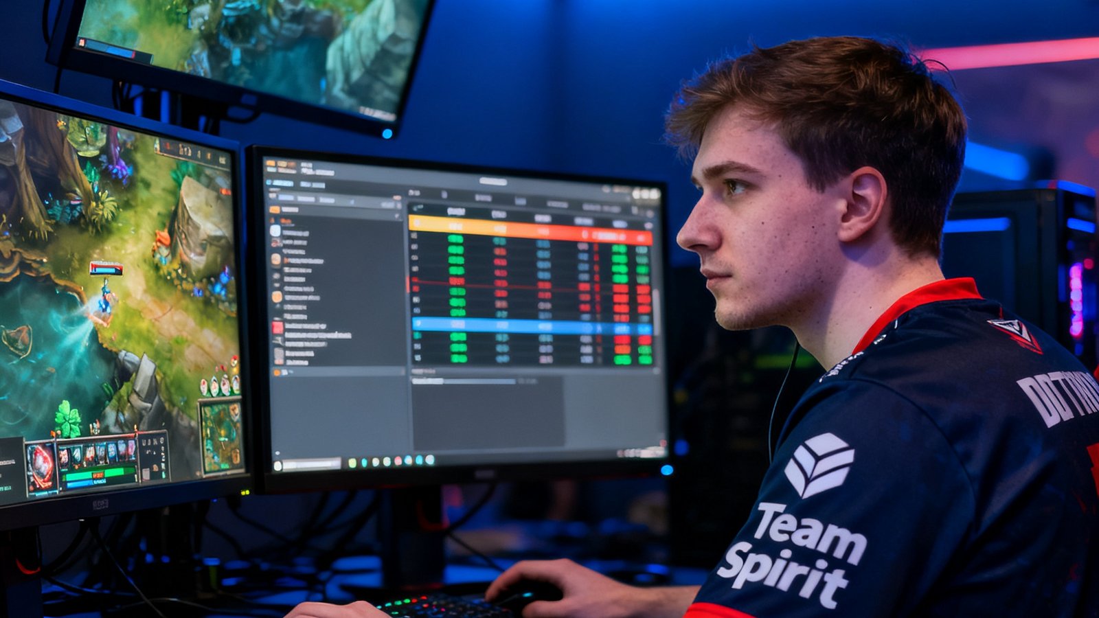 一位穿着TeamSpirit战队队服的职业选手在专业训练室内全神贯注地进行DOTA2训练赛，三台显示器环绕显示着游戏画面和数据分析面板