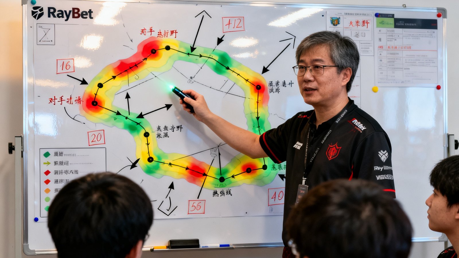 一位LOL职业联赛资深教练站在充满战术标注的白板前，手持激光笔为队员详细讲解基于RayBet数据生成的对手打野路线热力图